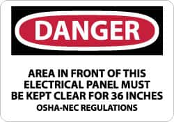 NMC - "Danger - Area in Front of This Electrical Panel Must Be Kept Clear for 36 Inches OSHA-NEC Regulations", 10" Long x 14" Wide, Aluminum Safety Sign - Rectangle, 0.04" Thick, Use for Accident Prevention - Americas Industrial Supply