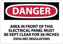 NMC - "Danger - Area in Front of This Electrical Panel Must Be Kept Clear for 36 Inches OSHA-NEC Regulations", 10" Long x 14" Wide, Aluminum Safety Sign - Rectangle, 0.04" Thick, Use for Accident Prevention - Americas Industrial Supply