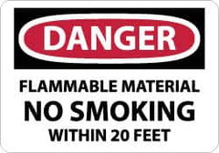 NMC - "Danger - Flammable Material - No Smoking Within 20 Feet", 7" Long x 10" Wide, Aluminum Safety Sign - Rectangle, 0.04" Thick, Use for Accident Prevention - Americas Industrial Supply