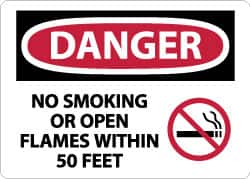 NMC - "Danger - No Smoking or Open Flames Within 50 Feet", 10" Long x 14" Wide, Rigid Plastic Safety Sign - Rectangle, 0.05" Thick, Use for Accident Prevention - Americas Industrial Supply