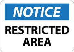 NMC - "Notice - Restricted Area", 7" Long x 10" Wide, Aluminum Safety Sign - Rectangle, 0.04" Thick, Use for Security & Admittance - Americas Industrial Supply