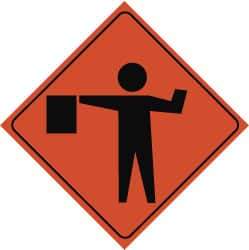 NMC - "Flagger", "Worker w/Directional Flag", 48" Wide x 48" High, Nylon Construction Roadway Signs - Black on Orange, Engineer Grade Reflectivity, Diamond, Sign Stand Mount - Americas Industrial Supply