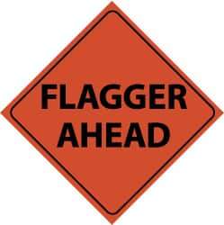 NMC - "Flagger Ahead", 48" Wide x 48" High, Nylon Construction Roadway Signs - Black on Orange, Engineer Grade Reflectivity, Diamond, Sign Stand Mount - Americas Industrial Supply