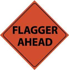 NMC - "Flagger Ahead", 48" Wide x 48" High, Nylon Construction Roadway Signs - Black on Orange, Engineer Grade Reflectivity, Diamond, Sign Stand Mount - Americas Industrial Supply