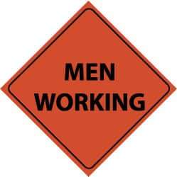 NMC - "Men Working", 48" Wide x 48" High, Nylon Construction Roadway Signs - Black on Orange, Engineer Grade Reflectivity, Diamond, Sign Stand Mount - Americas Industrial Supply
