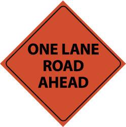 NMC - "One Lane Road Ahead", 48" Wide x 48" High, Nylon Construction Roadway Signs - Black on Orange, Engineer Grade Reflectivity, Diamond, Sign Stand Mount - Americas Industrial Supply
