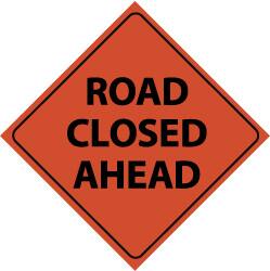 NMC - "Road Closed Ahead", 48" Wide x 48" High, Nylon Construction Roadway Signs - Black on Orange, Engineer Grade Reflectivity, Diamond, Sign Stand Mount - Americas Industrial Supply