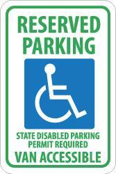 NMC - "Reserved Parking - State Disabled Parking Permit Required - Van Accessible", "Handicapped Symbol", 12" Wide x 18" High, Aluminum ADA Signs - 0.08" Thick, Green & Blue on White, Engineer Grade Reflectivity, Rectangle, Post Mount - Americas Industrial Supply