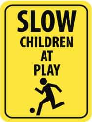 NMC - "Slow - Children at Play", "Child Playing", 18" Wide x 24" High, Aluminum Traffic Control Signs - 0.08" Thick, Black on Yellow, High Intensity Reflectivity, Rectangle, Post Mount - Americas Industrial Supply