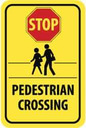 NMC - "Stop - Pedestrian Crossing", "Pedestrians Crossing", 12" Wide x 18" High, Aluminum Pedestrian Crossing Signs - 0.08" Thick, Red & Black on Yellow, Engineer Grade Reflectivity, Rectangle, Post Mount - Americas Industrial Supply