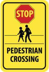 NMC - "Stop - Pedestrian Crossing", "Pedestrians Crossing", 18" Wide x 24" High, Aluminum Pedestrian Crossing Signs - 0.08" Thick, Red & Black on Yellow, High Intensity Reflectivity, Rectangle, Post Mount - Americas Industrial Supply