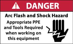 NMC - Accident Prevention Label, Header: DANGER - Legend: Danger - Arc Flash and Shock Hazard - Appropriate Pipe and Tools Required When Working On Equipment, English, Red, Black & White, 5" Long x 3" High, Sign Muscle Finish - Americas Industrial Supply
