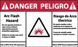 NMC - Accident Prevention Label, Header: DANGER - Legend: Danger - Arc Flash Hazard, English & Spanish, Red, Black & White, 5" Long x 3" High, Sign Muscle Finish - Americas Industrial Supply