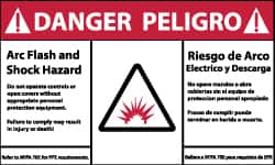 NMC - Accident Prevention Label, Header: DANGER - Legend: Danger - Arc Flash and Shock Hazard, English & Spanish, Red, Black & White, 5" Long x 3" High, Sign Muscle Finish - Americas Industrial Supply
