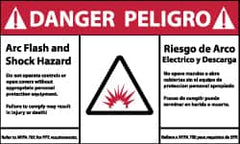 NMC - Accident Prevention Label, Header: DANGER - Legend: Danger - Arc Flash and Shock Hazard, English & Spanish, Red, Black & White, 5" Long x 3" High, Sign Muscle Finish - Americas Industrial Supply