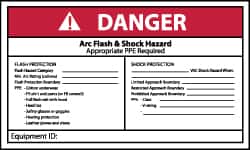 NMC - Accident Prevention Label, Header: DANGER - Legend: Danger - Arc Flash & Shock Hazard - Appropriate Pipe Required - Shows Check List, English, Red, Black & White, 5" Long x 3" High, Sign Muscle Finish - Americas Industrial Supply