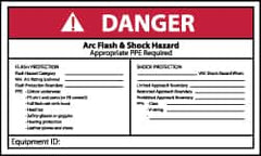NMC - Accident Prevention Label, Header: DANGER - Legend: Danger - Arc Flash & Shock Hazard - Appropriate Pipe Required - Shows Check List, English, Red, Black & White, 5" Long x 3" High, Sign Muscle Finish - Americas Industrial Supply