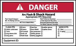 NMC - Accident Prevention Label, Header: DANGER - Legend: Danger - Arc Flash & Shock Hazard - Appropriate Pipe Required, English, Red, Black & White, 5" Long x 3" High, Sign Muscle Finish - Americas Industrial Supply