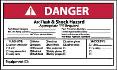 NMC - Accident Prevention Label, Header: DANGER - Legend: Danger - Arc Flash & Shock Hazard - Appropriate Pipe Required, English, Red, Black & White, 5" Long x 3" High, Sign Muscle Finish - Americas Industrial Supply