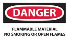 NMC - Accident Prevention Label, Header: DANGER - Legend: Danger - Flammable Material - No Smoking or Open Flames, English, Red, Black & White, 5" Long x 3" High, Sign Muscle Finish - Americas Industrial Supply