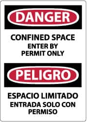 NMC - Accident Prevention Label, Header: DANGER - Legend: Danger - Confined Space - Enter by Permit Only, English & Spanish, Black, Red & White, 3" Long x 5" High, Sign Muscle Finish - Americas Industrial Supply
