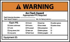 NMC - Accident Prevention Label, Header: WARNING - Legend: Warning - Arc Flash Hazard - Do Not Operate Controls or Open Covers without Appropriate Personal Protection Equipment..., English, Black, Orange, Red & White, 5" Long x 3" High, Sign Muscle Finish - Americas Industrial Supply