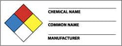 NMC - Hazardous Materials Label - Legend: Chemical Name ___ - Common Name ___ - Manufacturer ___, English, Black, Blue, Red, Yellow & White, 4" Long x 1-1/2" High, Sign Muscle Finish - Americas Industrial Supply