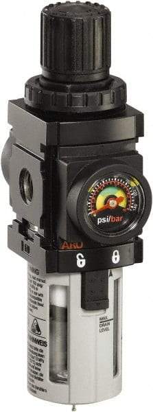 ARO/Ingersoll-Rand - 1/8" NPT Port Miniature 1 Piece Filter/Regulator FRL Unit - Polycarbonate Bowl, 43 SCFM, 150 Max psi, 6.2" High x 1.575" Long, Manual Drain - Americas Industrial Supply