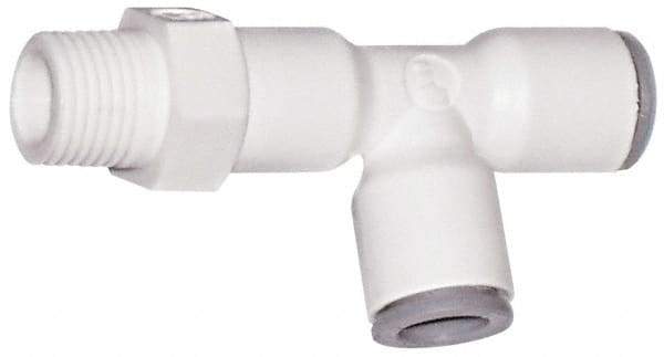 Parker - 1/4" OD, 1/8 NPTF, Bio-Sourced Nylon 11 Push-to-Connect Male Swivel Run Tee - 230 Max psi, White - Americas Industrial Supply