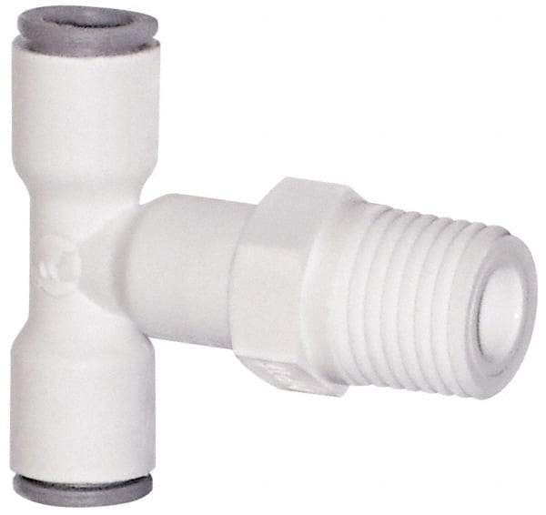 Parker - 1/4" OD, 3/8 NPTF, Bio-Sourced Nylon 11 Push-to-Connect Male Swivel Branch Tee - 230 Max psi, White - Americas Industrial Supply