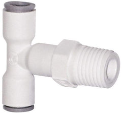 Parker - 1/4" OD, 3/8 NPTF, Bio-Sourced Nylon 11 Push-to-Connect Male Swivel Branch Tee - 230 Max psi, White - Americas Industrial Supply