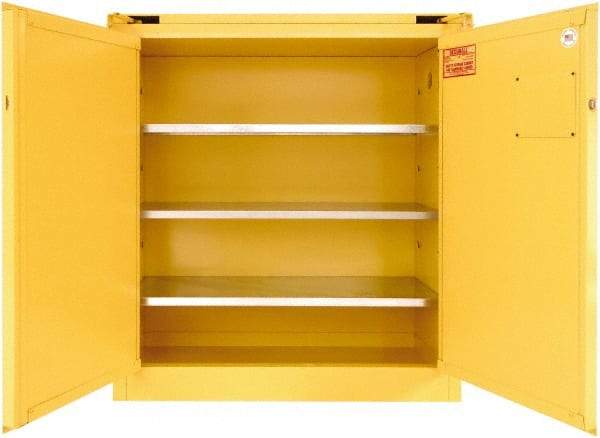 Securall Cabinets - 2 Door, 3 Shelf, Yellow Steel Standard Safety Cabinet for Flammable and Combustible Liquids - 46" High x 43" Wide x 18" Deep, Self Closing Door, 3 Point Key Lock, 40 Gal Capacity - Americas Industrial Supply