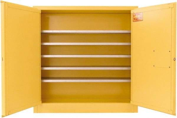 Securall Cabinets - 2 Door, 5 Shelf, Yellow Steel Wall Mount Safety Cabinet for Flammable and Combustible Liquids - 44" High x 43" Wide x 12" Deep, Manual Closing Door, 3 Point Key Lock, 24 Gal Capacity - Americas Industrial Supply