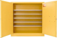 Securall Cabinets - 2 Door, 5 Shelf, Yellow Steel Wall Mount Safety Cabinet for Flammable and Combustible Liquids - 44" High x 43" Wide x 12" Deep, Manual Closing Door, 3 Point Key Lock, 24 Gal Capacity - Americas Industrial Supply