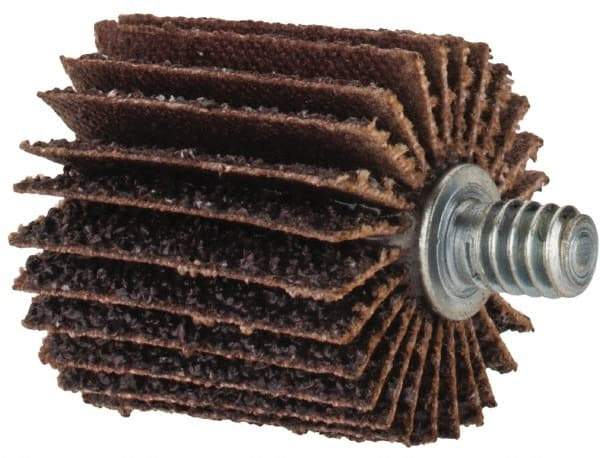 Merit Abrasives - 1" Diam x 1" Face Width, Coarse Aluminum Oxide Coated Mounted Flap Wheel - 1/4-20 Threaded Mount, 40 Grit, Cloth Backing, 30,000 Max RPM - Americas Industrial Supply