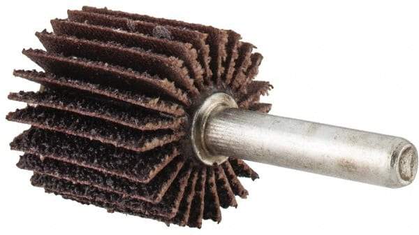 Merit Abrasives - 1" Diam x 1" Face Width, Coarse Aluminum Oxide Coated Mounted Flap Wheel - 1/4" Shank Mount, 40 Grit, Cloth Backing, 30,000 Max RPM - Americas Industrial Supply