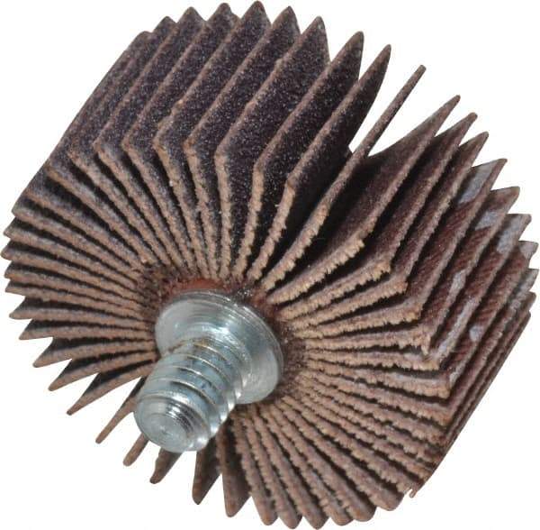 Merit Abrasives - 1-3/8" Diam x 5/8" Face Width, Fine Aluminum Oxide Coated Mounted Flap Wheel - 1/4-20 Threaded Mount, 120 Grit, Cloth Backing, 30,000 Max RPM - Americas Industrial Supply