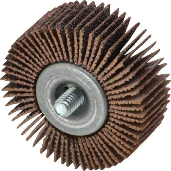 Merit Abrasives - 2" Diam x 3/4" Face Width, Medium Aluminum Oxide Coated Mounted Flap Wheel - 1/4-20 Threaded Mount, 60 Grit, Cloth Backing, 25,000 Max RPM - Americas Industrial Supply