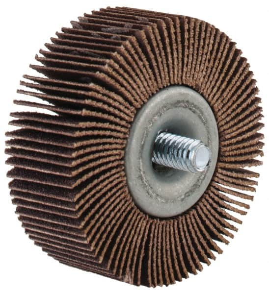 Merit Abrasives - 2" Diam x 3/4" Face Width, Fine Aluminum Oxide Coated Mounted Flap Wheel - 1/4-20 Threaded Mount, 120 Grit, Cloth Backing, 25,000 Max RPM - Americas Industrial Supply