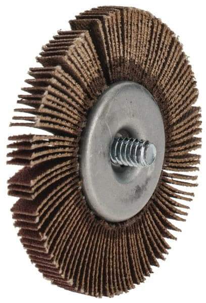 Merit Abrasives - 2-1/2" Diam x 1/4" Face Width, Fine Aluminum Oxide Coated Mounted Flap Wheel - 1/4-20 Threaded Mount, 120 Grit, Cloth Backing, 25,000 Max RPM - Americas Industrial Supply