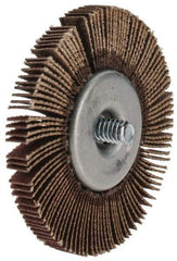 Merit Abrasives - 2-1/2" Diam x 1/4" Face Width, Fine Aluminum Oxide Coated Mounted Flap Wheel - 1/4-20 Threaded Mount, 120 Grit, Cloth Backing, 25,000 Max RPM - Americas Industrial Supply