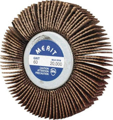 Merit Abrasives - 2-1/2" Diam x 1/2" Face Width, Medium Aluminum Oxide Coated Mounted Flap Wheel - 1/4-20 Threaded Mount, 60 Grit, Cloth Backing, 20,000 Max RPM - Americas Industrial Supply