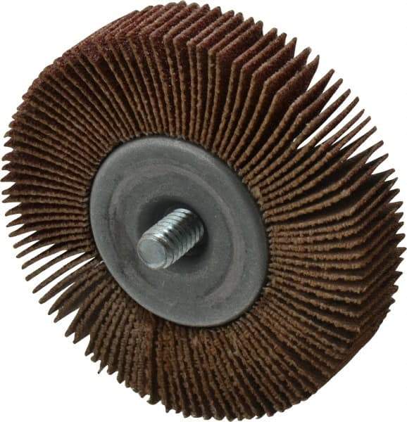 Merit Abrasives - 2-1/2" Diam x 1/2" Face Width, Medium Aluminum Oxide Coated Mounted Flap Wheel - 1/4-20 Threaded Mount, 80 Grit, Cloth Backing, 20,000 Max RPM - Americas Industrial Supply