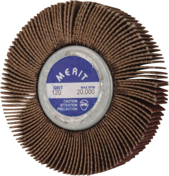 Merit Abrasives - 2-1/2" Diam x 1/2" Face Width, Fine Aluminum Oxide Coated Mounted Flap Wheel - 1/4-20 Threaded Mount, 120 Grit, Cloth Backing, 20,000 Max RPM - Americas Industrial Supply