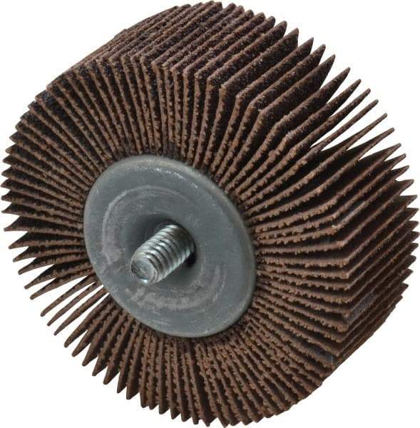 Merit Abrasives - 2-1/2" Diam x 1" Face Width, Medium Aluminum Oxide Coated Mounted Flap Wheel - 1/4-20 Threaded Mount, 60 Grit, Cloth Backing, 20,000 Max RPM - Americas Industrial Supply