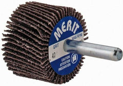 Merit Abrasives - 1-1/2" Diam x 1" Face Width, Coarse Aluminum Oxide Coated Mounted Flap Wheel - 1/4" Shank Mount, 40 Grit, Cloth Backing, 25,000 Max RPM - Americas Industrial Supply