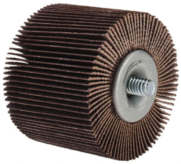 Merit Abrasives - 2" Diam x 1-1/2" Face Width, Fine Aluminum Oxide Coated Mounted Flap Wheel - 1/4-20 Threaded Mount, 120 Grit, Cloth Backing, 25,000 Max RPM - Americas Industrial Supply