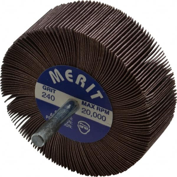 Merit Abrasives - 3" Diam x 1" Face Width, Very Fine Ceramic Alumina Coated Mounted Flap Wheel - 1/4" Shank Mount, 240 Grit, Cloth Backing, 20,000 Max RPM - Americas Industrial Supply