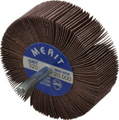 Merit Abrasives - 3" Diam x 1" Face Width, Extra Fine Ceramic Alumina Coated Mounted Flap Wheel - 1/4" Shank Mount, 320 Grit, Cloth Backing, 20,000 Max RPM - Americas Industrial Supply