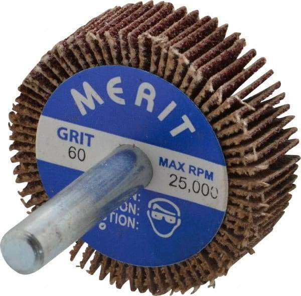 Merit Abrasives - 1-1/2" Diam x 1/2" Face Width, Medium Ceramic Alumina Coated Mounted Flap Wheel - 1/4" Shank Mount, 60 Grit, Cloth Backing, 25,000 Max RPM - Americas Industrial Supply